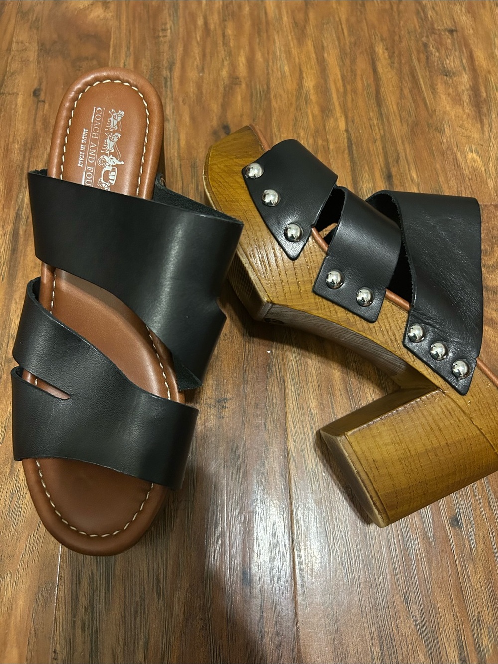 Black Leather Silver Studded Wood Platform Mules Slide-On Hippie Y2K Boho 90s - Picture 4 of 16